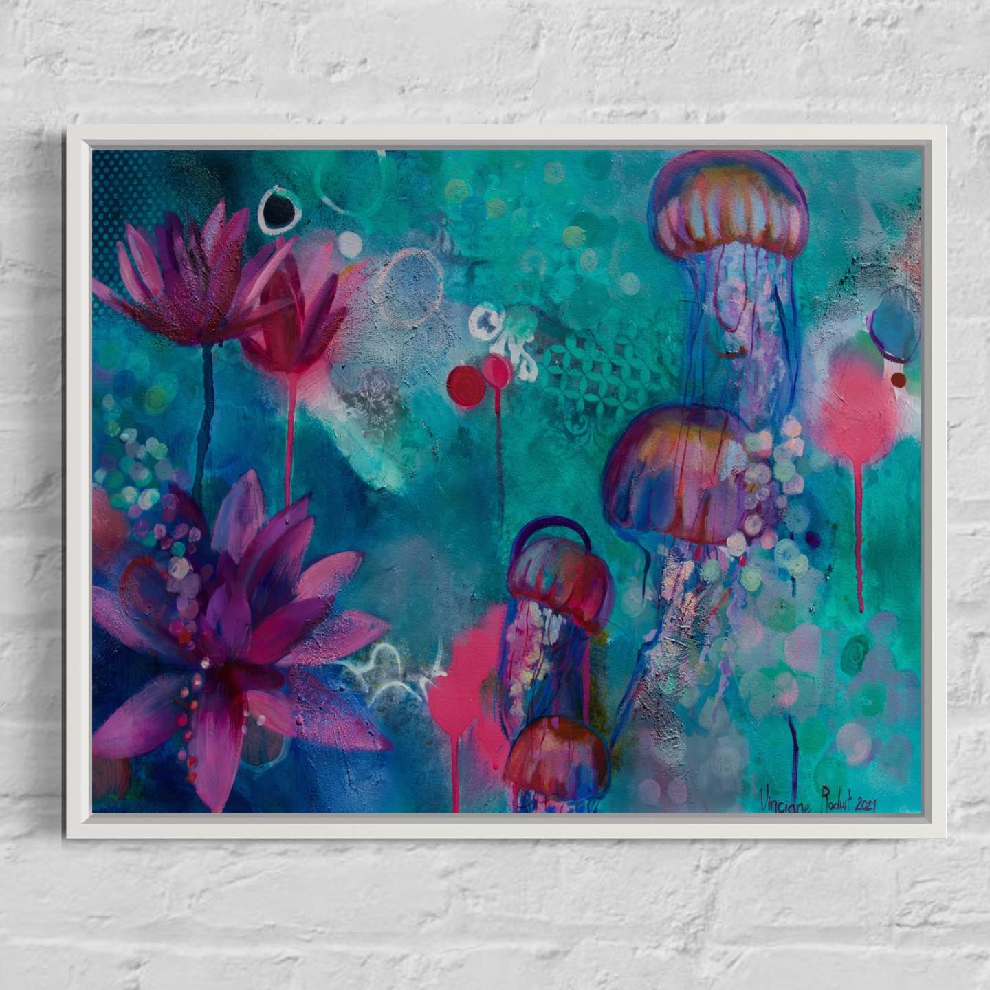 Décoration murale bois Impressions sur toile Féerie aquatique cadre blanc