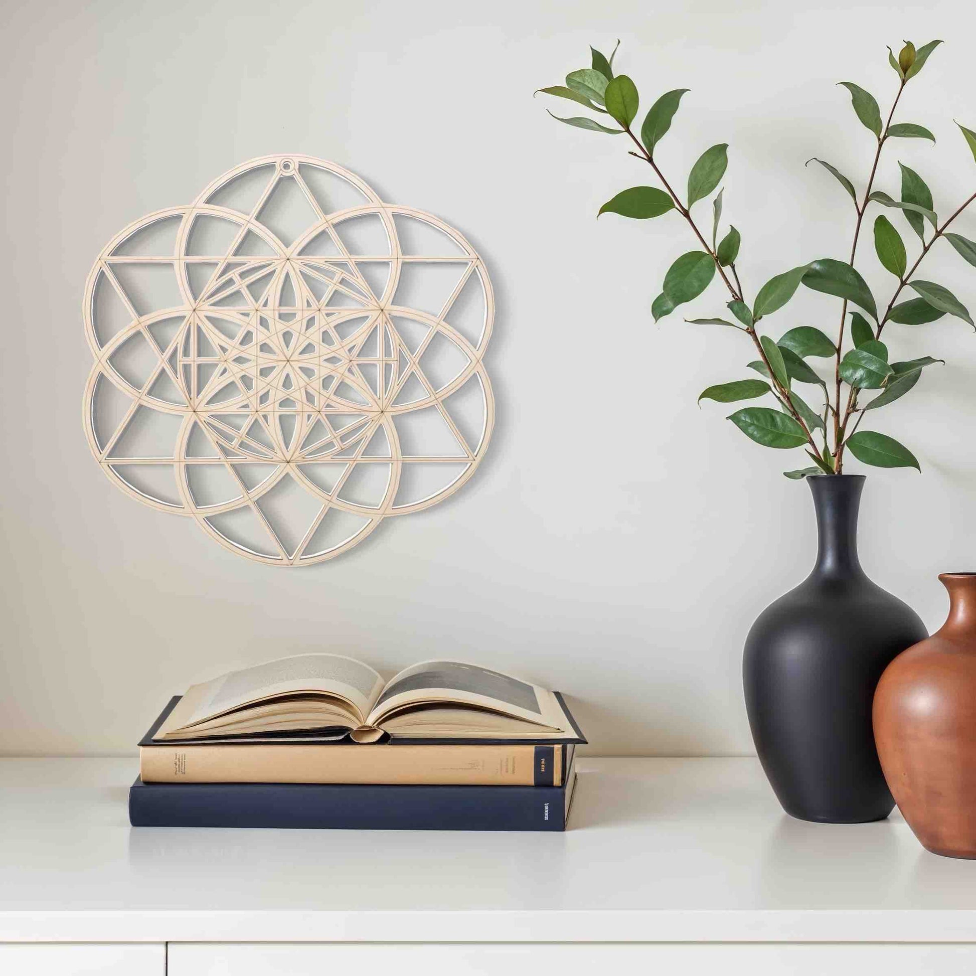 Fleur de vie bois  livre et plante verte