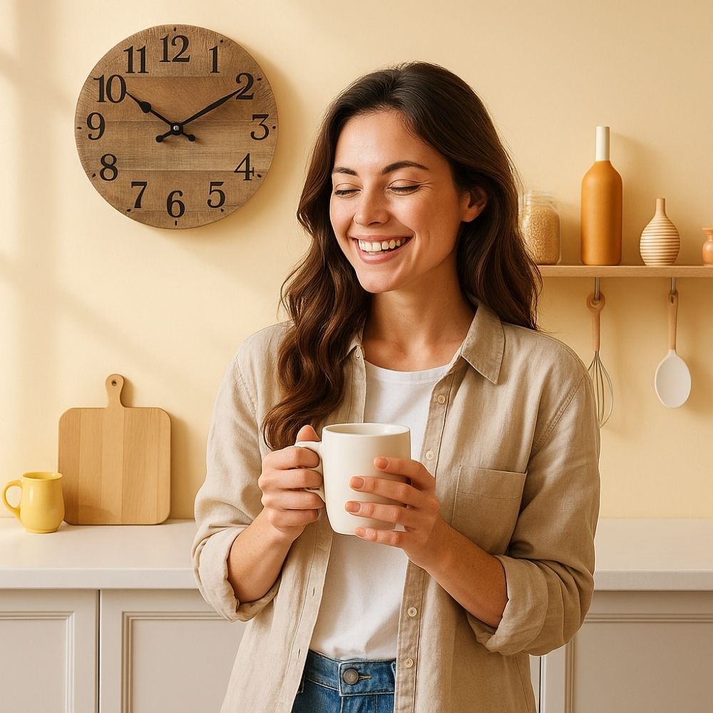 Horloge bois Vintage cuisine femme café sourire