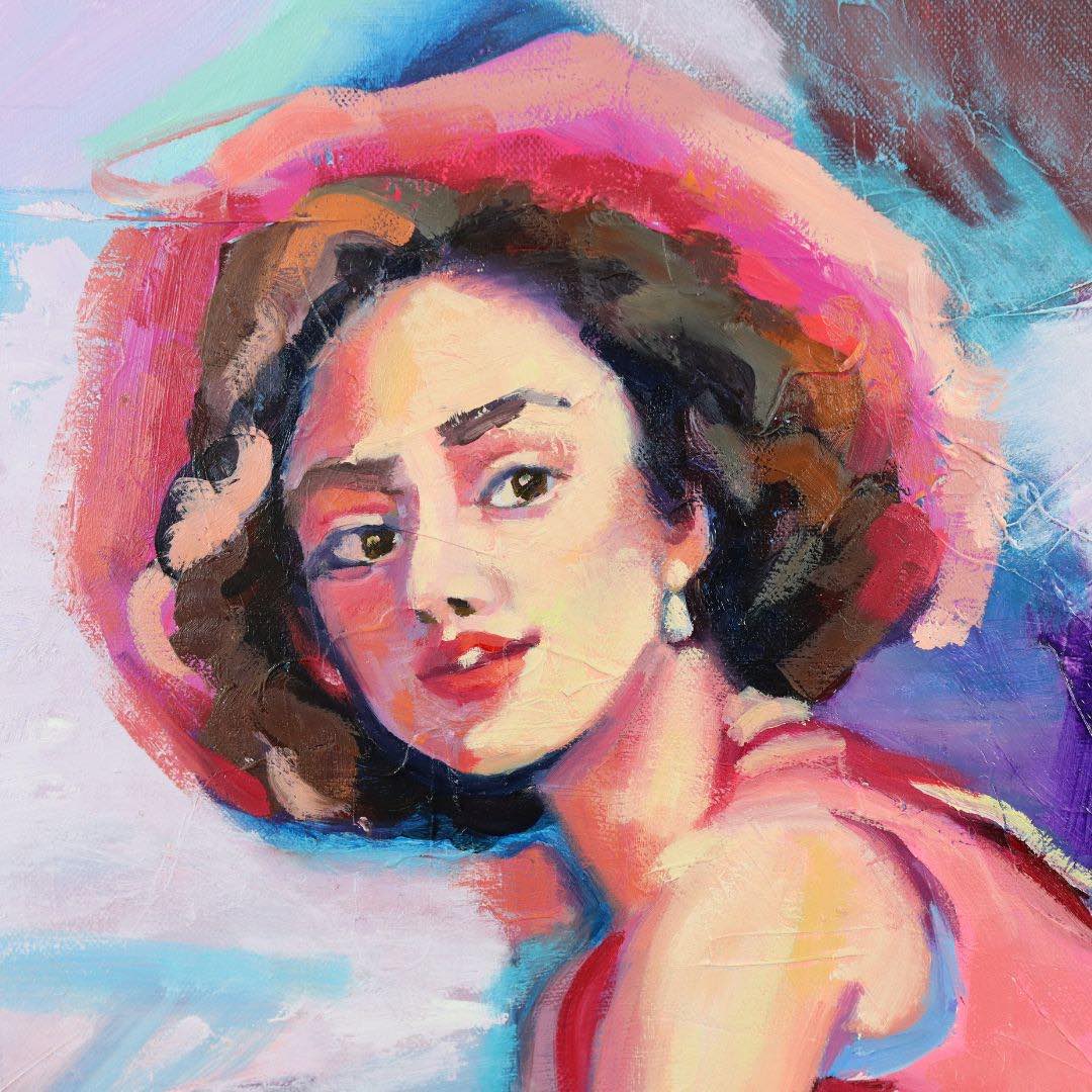 Tableau-moderne-coloré-courage-en-couleurs-portrait-fille-chapeau