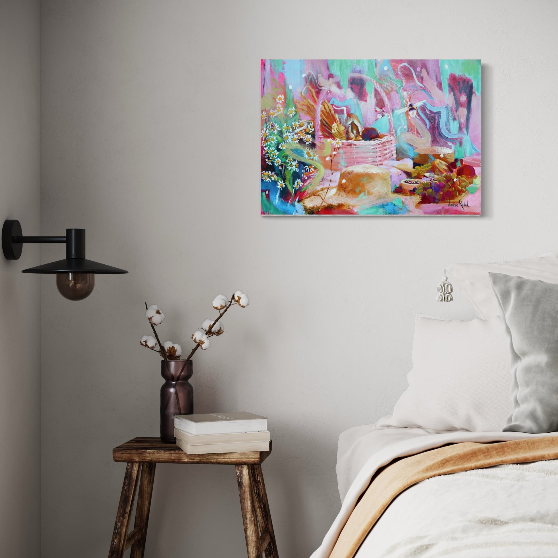 Tableau moderne coloré jardin enchanté chambre lit blanc