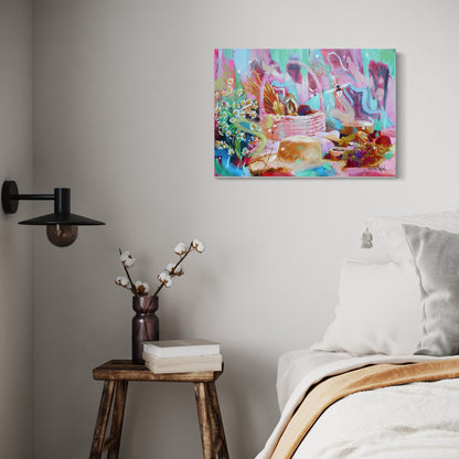 Tableau moderne coloré jardin enchanté chambre lit blanc