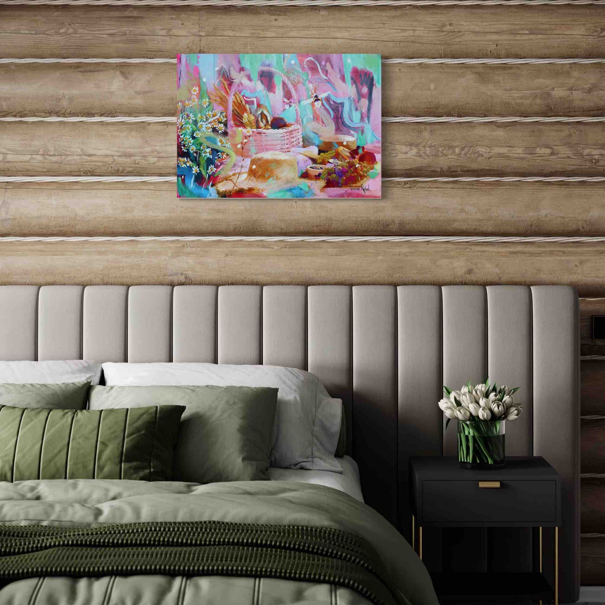 Tableau moderne coloré jardin enchanté lit vert tulipes blanches
