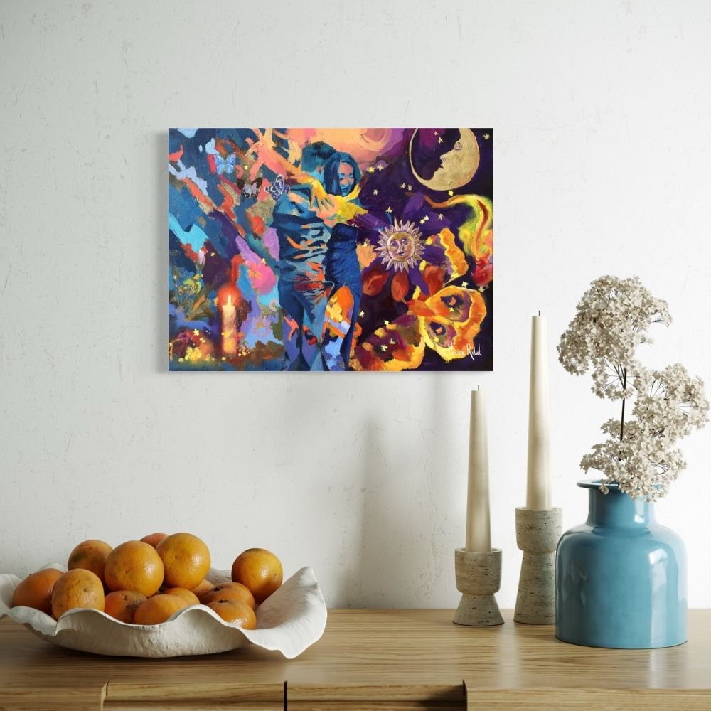 Tableau moderne salon bougies mandarines fleurs dans pots