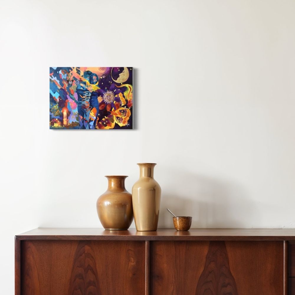 Tableau moderne salon meuble en bois avec des pots de fleurs