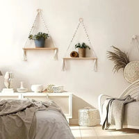étagère en bois Macramé décoration salon pot plante verte
