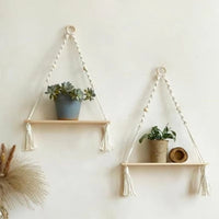 étagère en bois Macramé duo plante verte mur