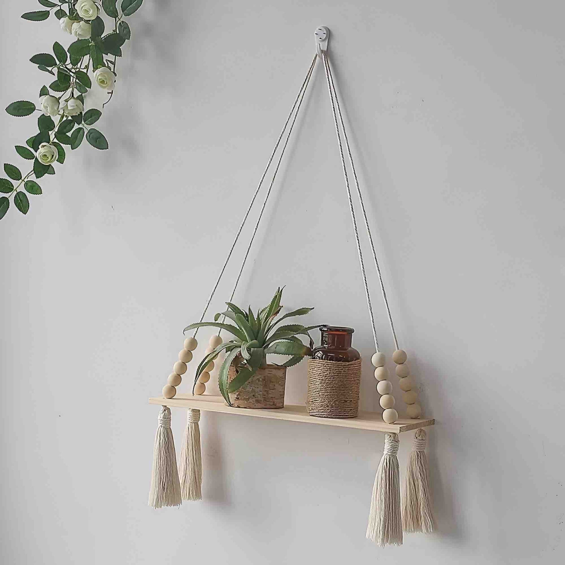 étagère en bois Macramé perles décoration murale plante